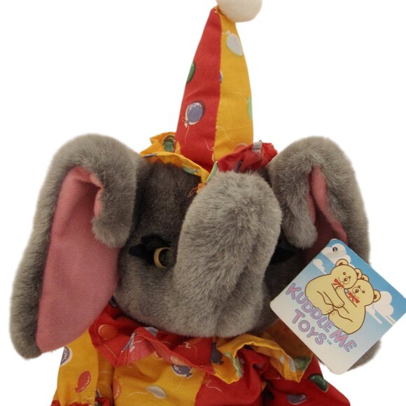 NOS Vintage 90s KellyToy Plush Elephant Clown w Birthday Cake Kuddle Me Tag - Picture 7 of 11